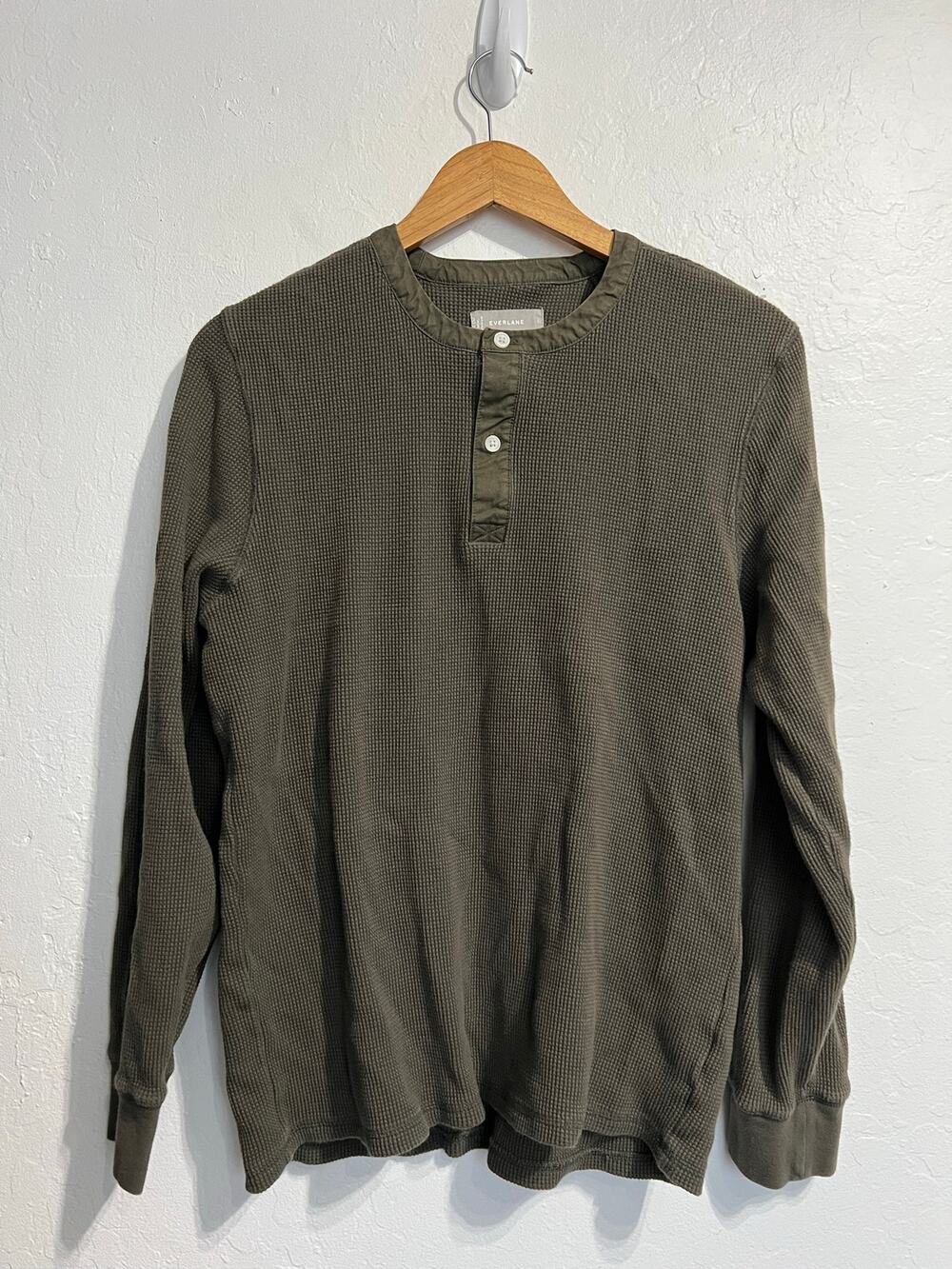 Everlane Henley Shirt Mens Large Olive Green Waffle Thermal Long Sleeve
